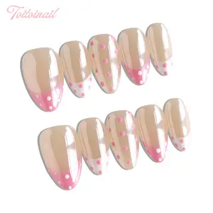 Pink Dot Handmade Press-On Nails, Glossy Fake Nails, Short Almond Shape, 10pcs, Sweet Pink White Gradient Polka Dot Design, Glossy Pink Dot Accents, Acrylic for Natural Look, Reusable DIY Nail Kit, Trendy Nails for Spring, Summer