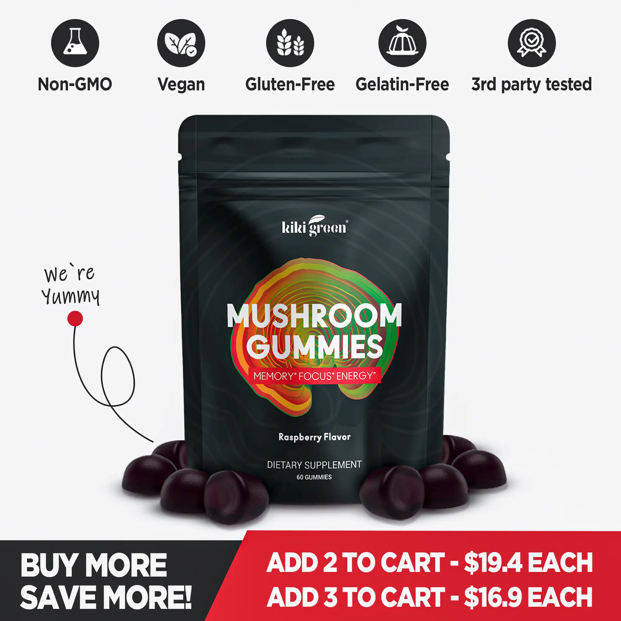 KIKI Green Mushroom Gummies for Energy & Cognitive Support – With Lion's Mane &...