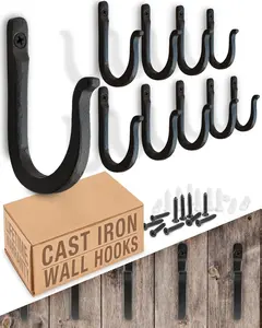 Railroad Spike Cast Iron Hooks (10 Pack) Handmade Blacksmith, Wall Mounted Farmhouse Decorative Hooks, PowderCoated for Interior or Exterior Use, Rust Proof for Hanging Coats, Bags or Pots (Black)