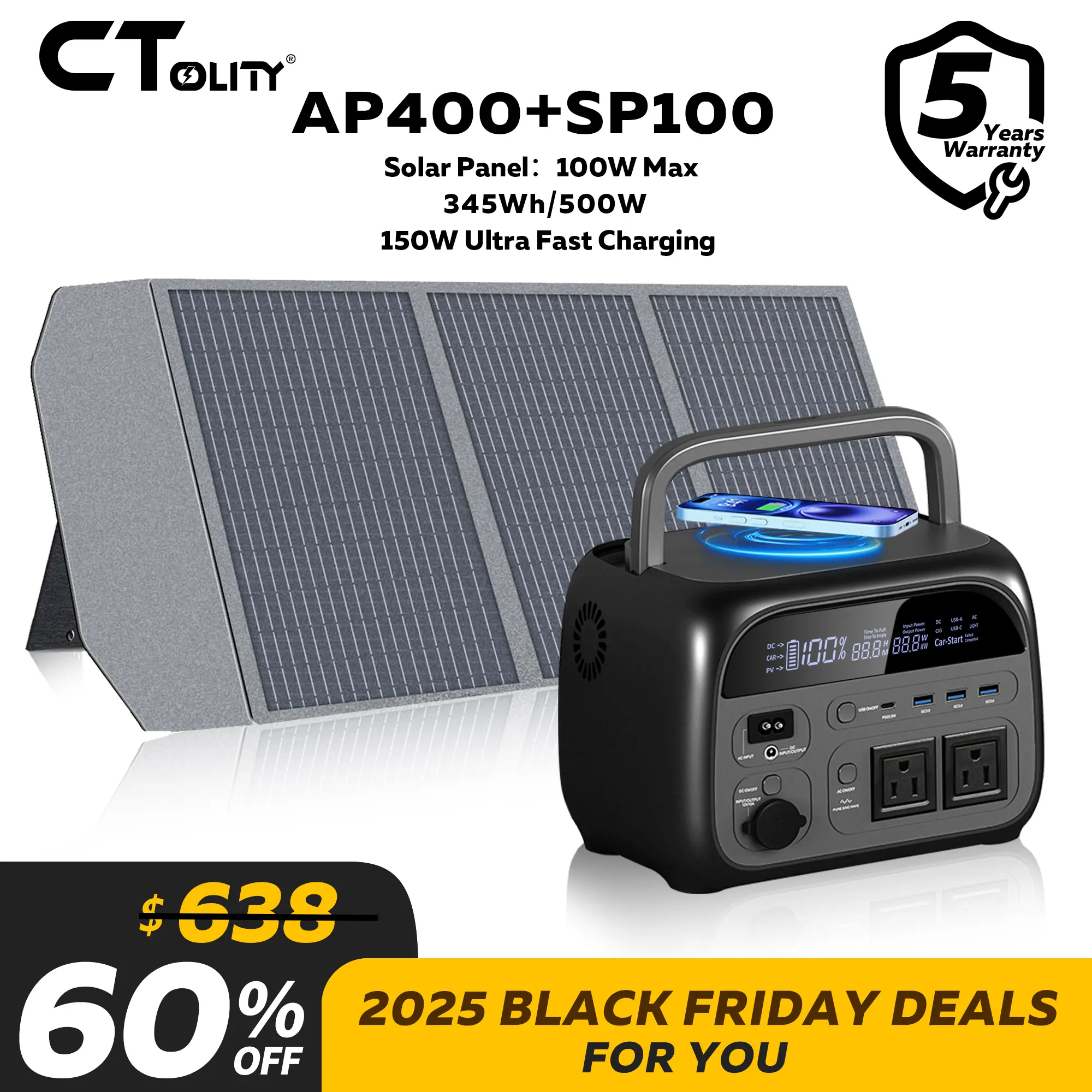 Black Friday Deal CTOLITY 500W Portable Power Station, 345Wh LiFePO4 Rechargeable Battery, 100W ETFE Solar Panel (23.7% Efficiency), Solar Powered, Fast Charging, 11 lbs, Advanced BMS Protection, AC Supply for Camping Outdoor Use