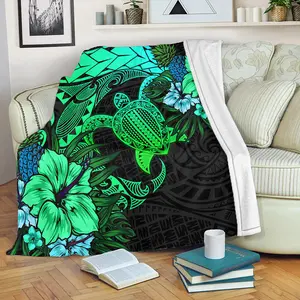 Vintage Polynesian Floral & Turtle Print Blanket - Tropical Blue High-Quality Flannel Throw, 250-300Gsm, Quilted Knitting Craftsmanship, All-Season Comfort, Tropical Relaxation | Vintage Hawaiian Style | Soft Texture Blanket