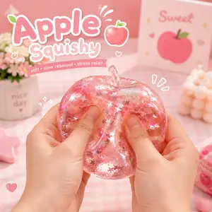 2026 New Pink Apple Stress Ball Squishy Toy, Soft TPR Sensory Squeeze Fidget with Star Confetti, Cute Stress Relief Desk Toy Gift, 1 Pc