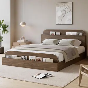 Full Size Bed Frame, Wooden Bed with Storage Headboard and Footboard, Floor-Low Platform Bed with Wooden Slats Design, No Box Spring Needed, Walnut