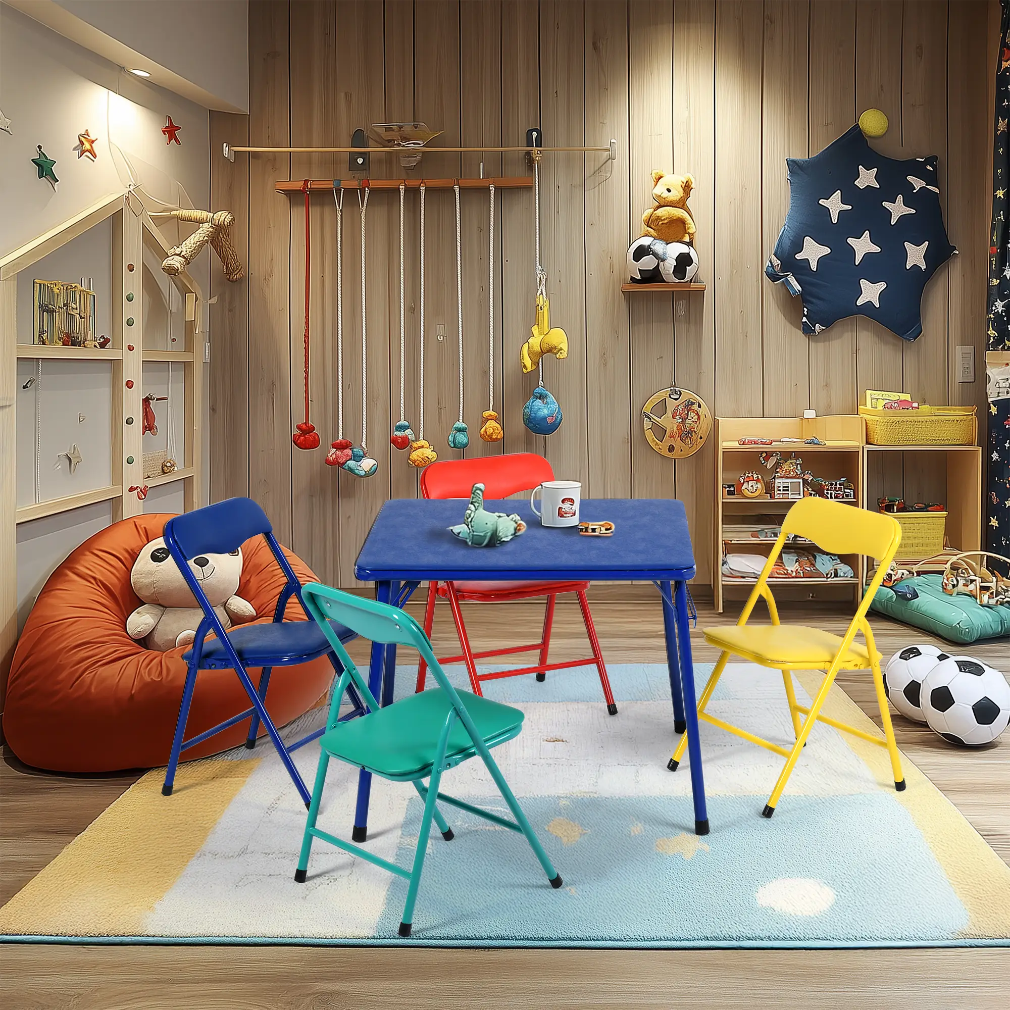 Homy Casa Foldable Kids Table and Chairs Set 5-Piece - Blue Table & Colorful Chairs for Arts Crafts Snacks Learning Daycare Preschool Furniture Easy C