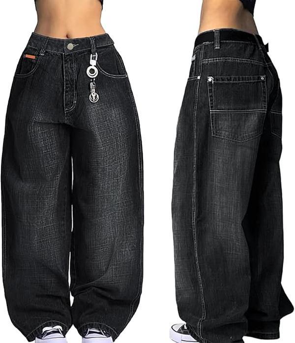 EMMIOL Women Hip Hop Baggy Jeans Wide Leg Mid-Low Waist Jeans Loose Boyfriends Pants 90s Vintage Denim Street Womenswear