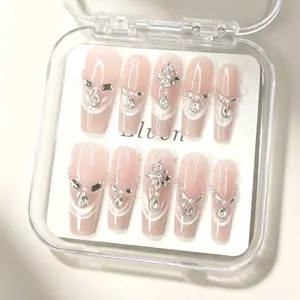 Nude And Silver Cat Eye Handmade Press On Nails with Rhinestone Long Coffin