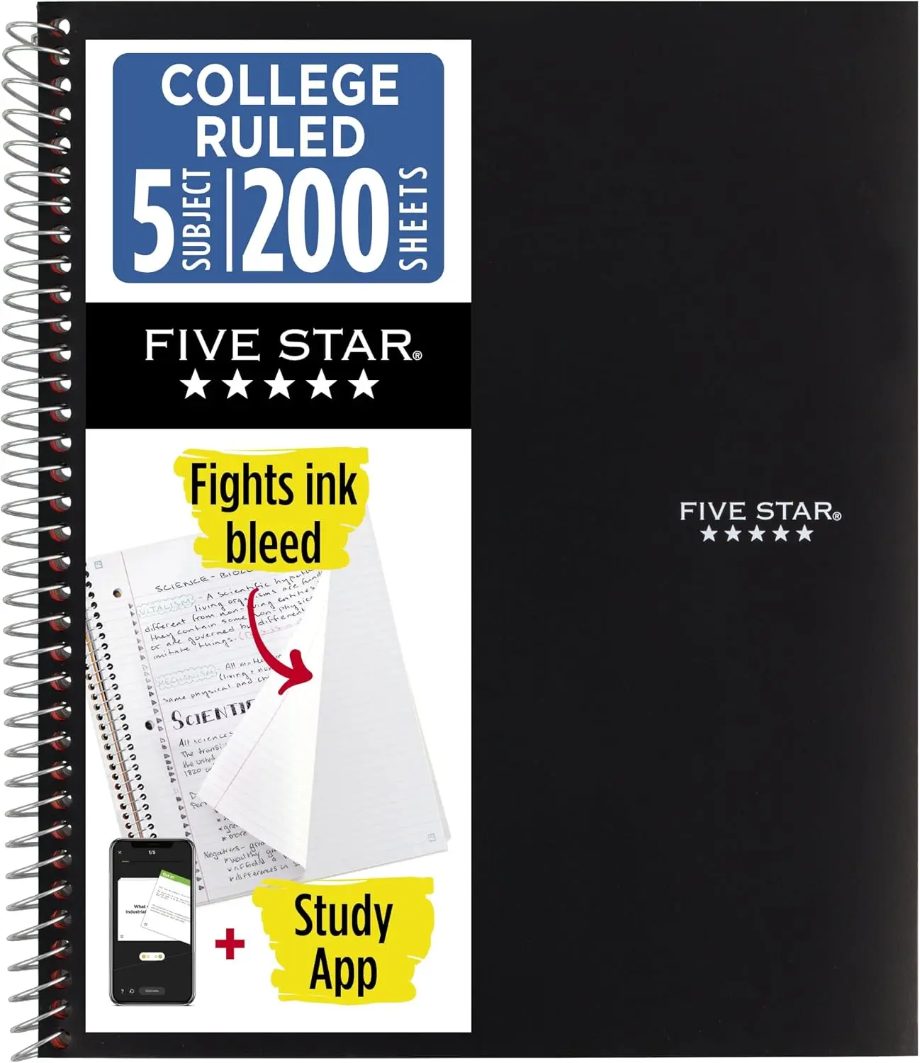 Spiral Notebook + Study App, 5 Subject, College Ruled Paper, 8-1/2" x 11", 200 Sheets, Fights Ink Bleed, Water Resistant Cover, Black (72081)