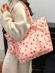 2026 New Sweet Cherry Print Large Capacity Front Zip Tote Bag, Women's Student Commute Shoulder Bag, Waterproof Nylon Travel Bag, Foldable Shopping Bag