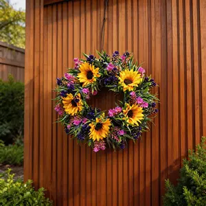 Sunflower Artificial Flower Wreath, Spring Summer Colorful Decorative Wreath, Mother's Day Gift, Party Decoration, Home Room Living Room, Versatile Usage