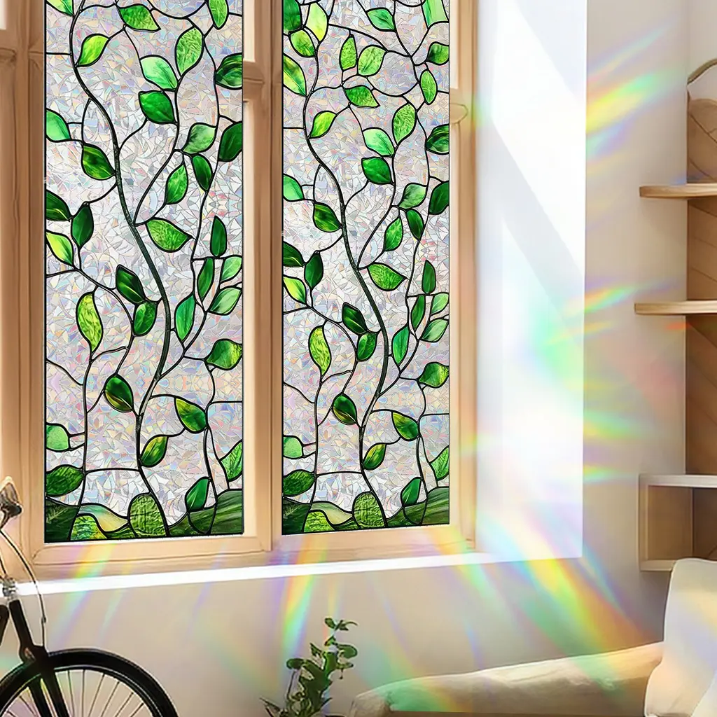1 pc Bohemian Green Leaf Vine Static Cling, Decorative Stickers, Stained glass texture with a vintage, colorful style, Adhesive-free, self-adhesive, and removable, Perfect for home decor, holidays, party decor, gift wrapping, Decorative Wall Sticker