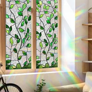 1 pc Bohemian Minimalist Green Leaf Vine Static Cling, Stained glass texture with a vintage, colorful style, Adhesive-free, self-adhesive, and removable, Perfect for home decor, Living room, holidays, party decor, gift wrapping, Decorative Wall Sticker