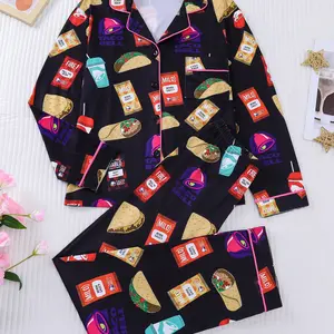 2-piece snack set, potato chips, hot dogs, bell shaped drinks, printed long sleeved shirt, long pants, soft, comfortable, skin friendly, smooth top, small pocket, button closure, elastic waistband, suitable for four households, casual wear, pajamas