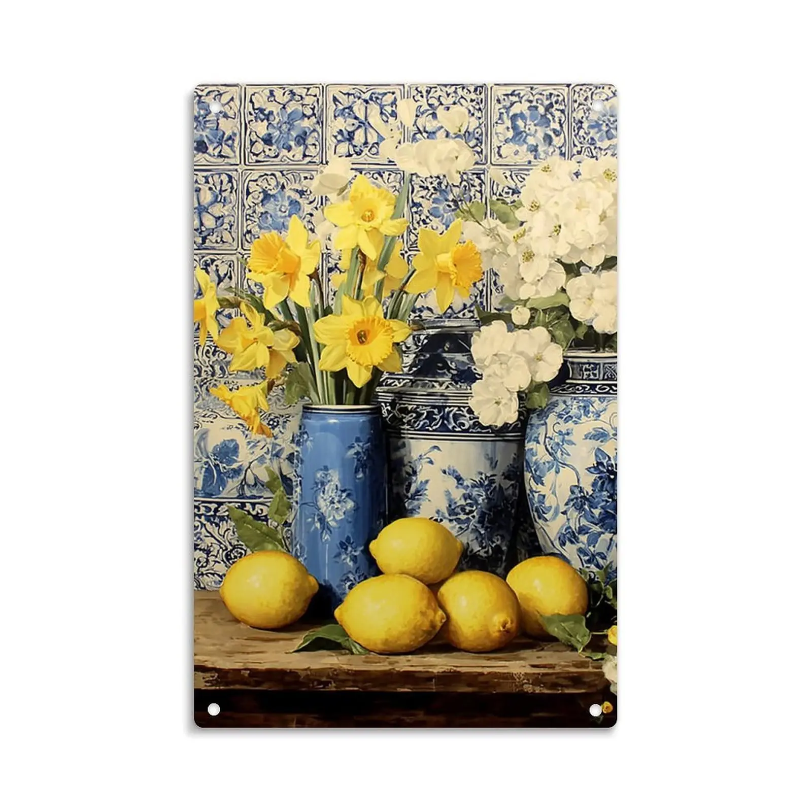 Blue And White Porcelain Jars with Lemons And Daffodils Tin Sign， Vintage Blue And White Chinoiserie Metal Sign Print Aesthetic Room Decoration for Home Bedroom Kitchen Bar Dorm Bathroom Wall Decor 8