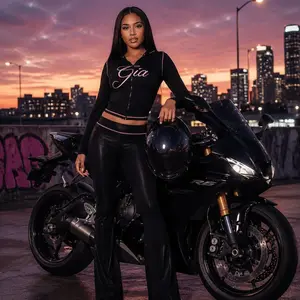 Biker Girl Approved! Retro Y2K Gia Outfit Set, Slim Stretch Crop Top + Flare Leggings, Perfect for Sunset City Nights