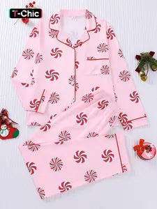 2-piece foundation make-up full body lollipop pattern long sleeved trousers soft and comfortable skin friendly smooth Knitted top small pocket button closed elastic waistband suitable for all seasons home casual pajamas Loungewear Nightwear Homewear