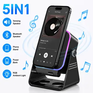 Portable Phone Holder Bluetooth Induction Speaker Amplifier, Color Changing LED Light Wireless Speaker with 3500mAh Rechargeable Battery & Personalized Wired Microphone, Universal for All Smartphones & iPad Devices, Black Party Karaoke