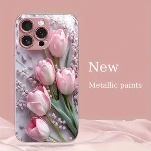 Beautiful pink tulip flower metal paint tempered glass pink phone case for iPhone 16/16 Pro/16 Plus/16 Pro Max/15/15 Pro/15 Pro max/14/14 Pro/14 Pro max/13/13 Pro/13 Pro max/12/11