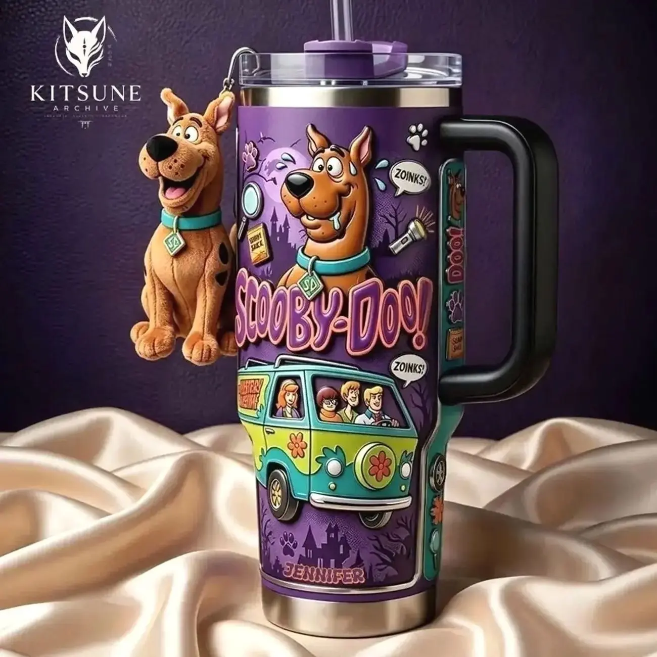 [Kitsune Archive] Scooby-Doo 57th Anniversary 40oz Tumbler With Handle & Straw, Limited Edition 1969-2026 Collector Cup, Mystery Machine & Scooby Inspired Travel Mug, Retro Cartoon Halloween Gift, Vacuum Insulated Stainless Steel Drinkware