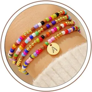 Mothers Day Gifts for  - 4 count Colorful Beaded Initial Bracelets, Cute Stretch Beaded Bohemian Disc Initial A-Z Stackable Bracelet  for Women Girls Stuffers Birthday Gifts