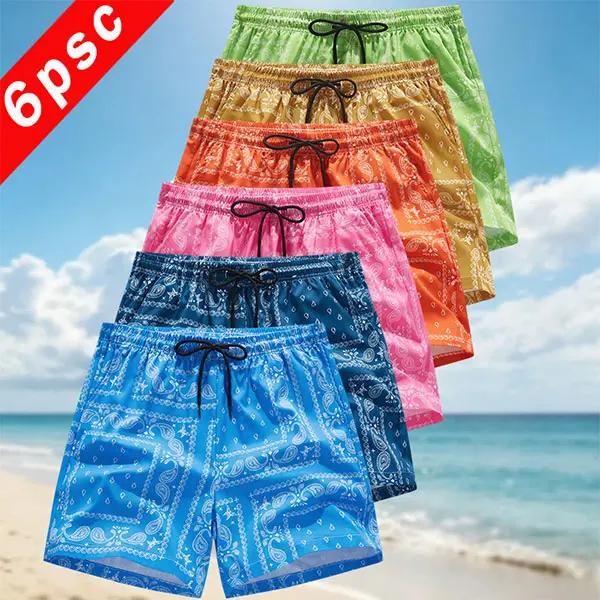 6-pack men’s complete set: Paisley print shorts with pockets; summer casual, comfortable quick-dry shorts; beach vacation fashion men’s bottoms; available in 6-, 4-, or 1-piece sets; outdoor shorts; printed shorts; casual sports shorts; casual athletic sh