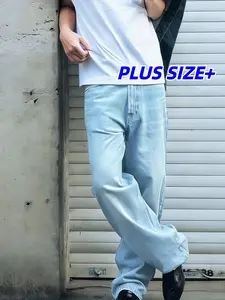 Men's Light Wash Blue Jeans Straight Leg Loose Fit Oversized Casual Versatile Wide Leg Denim Long Pants
