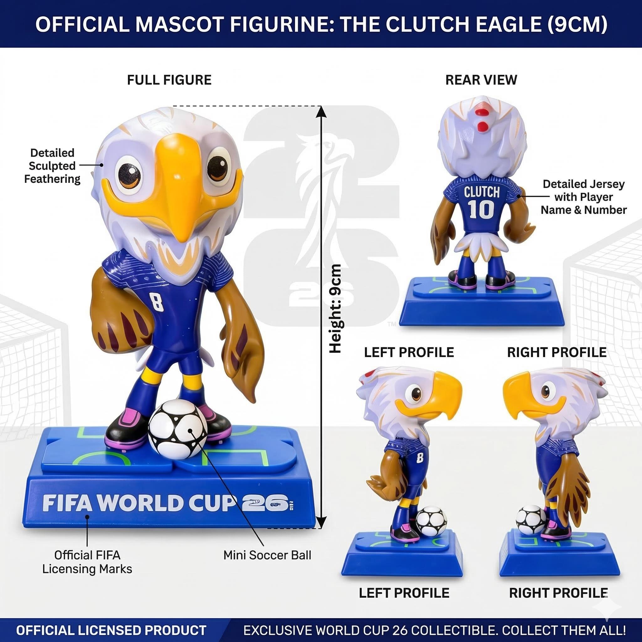 FIFA 2026 World Cup Mascot Figurine Set - Limited Edition Collectible Figurines Featuring Eagle Clutch, Moose Maple, and Jaguar Zavu - High-Clarity Display Case & Exclusive "26" Pitch Base