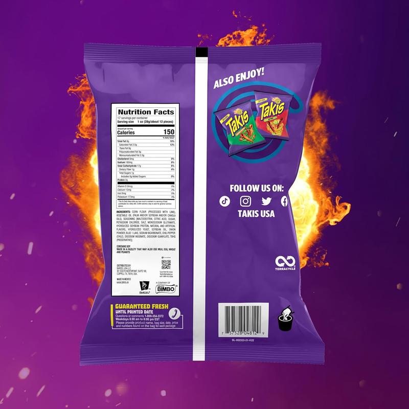Blue Heat 17 oz Fiesta Size Bag, Hot Chili Pepper Flavored Extreme Spicy Rolled Tortilla Chips