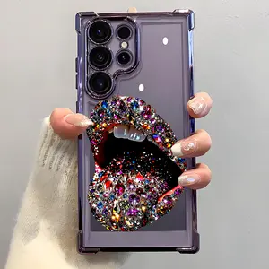 Sexy Diamond Lip Print 2D Pattern Creative Vintage Art Style Phone Case,Electroplated Cover with Airbag Shockproof Slim Soft TPU Cover for Samsung S26 S25 S24 S23 S22 Ultra S25Edge S24FE Plus S25+