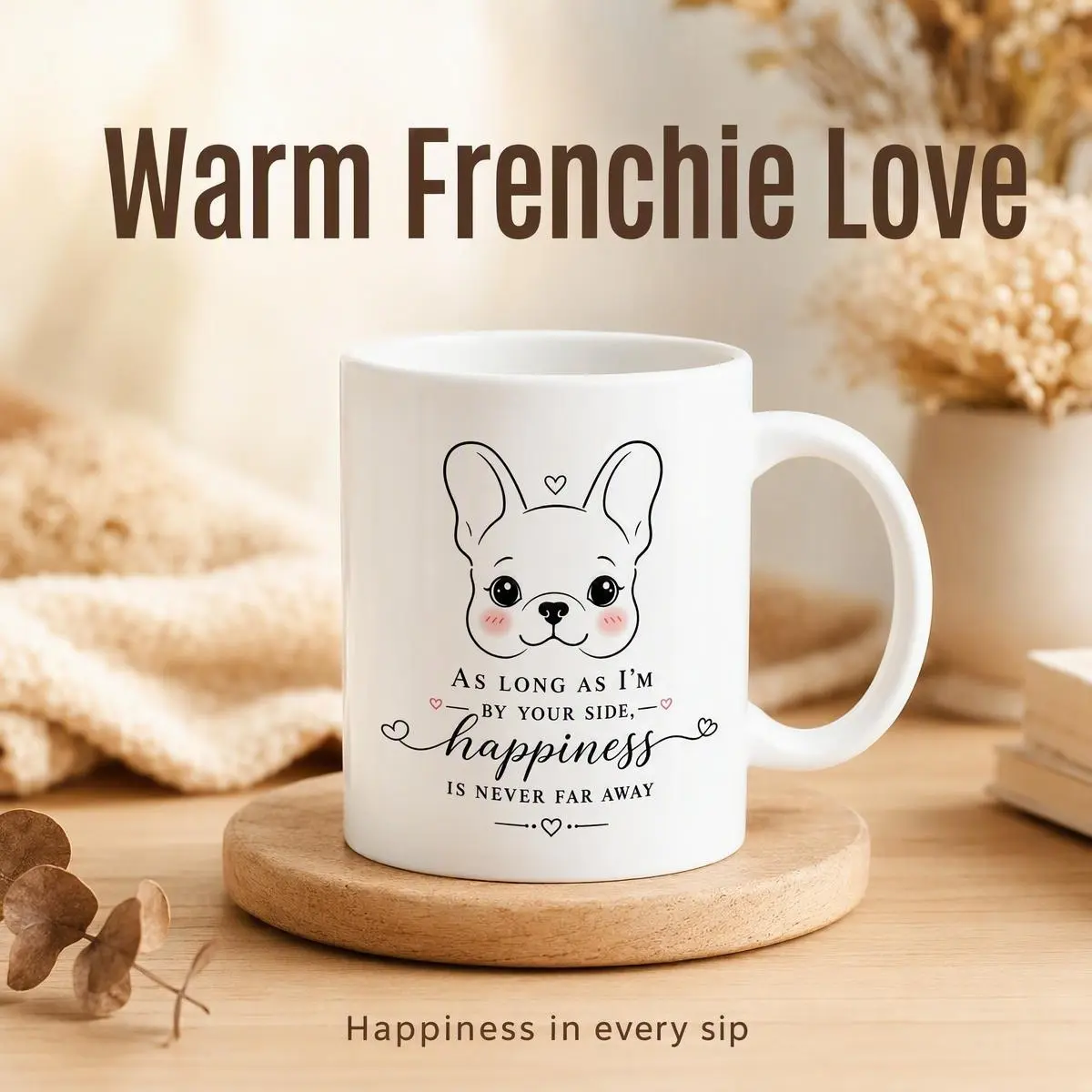 Minimalist French Bulldog Coffee Mug 11 oz, Cute Frenchie Line Art Ceramic Cup with Inspirational Quote, Dog Mom Dad Gift for Dog Lovers, Birthday Christmas Gift