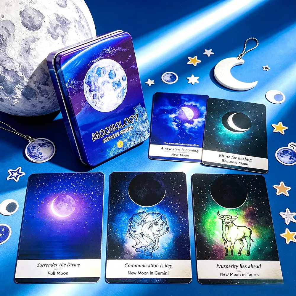 Moon Goddess Oracle Cards, Premium Iron Box Packaging, Paper Instructions, Mystical Moon Theme Party Tarot Game, Fun Divination Card Game for Friends and Family