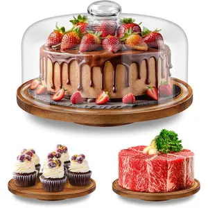 11IN Wood Cake Stand with Dome Lid, Rotating Cake Stand with Glass Dome, Cake Plate with Cover for Baking Gifts Birthday Kitchen Party Weddings
