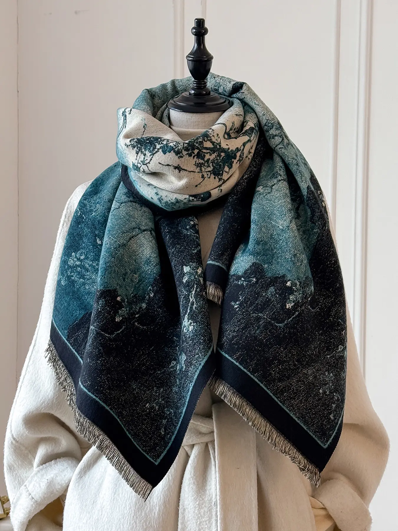 Boho Style Scarf for Women, Fitted Landscape Print Shawl, Casual Fall & Winter Accessory, Reversible Warm Wrap, Textured Blanket Scarf, Soft Warm Shawl, Neck Scarf