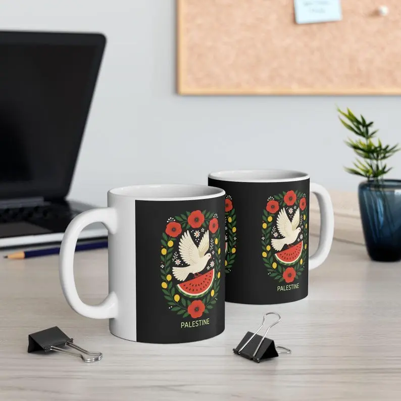 Ceramic Mug, Peace Illustration Coffee Cup | Dove and Watermelon Palestine Mug