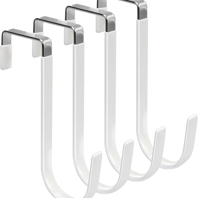 Over The Door Hooks, 4 Pack Hangers Hooks with Rubber Prevent Scratches Heavy Duty Organizer for Living Room, Bathroom, Bedroom, Kitchen Hanging Clothes, Towels, Hats, Coats, Bags White