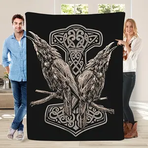 1 Piece Retro Crow and Celtic Knot Design Black Flannel Fleece Blanket - Soft and Warm, Machine Washable, Stain and Tear Resistant, All-Season Multi-Purpose Bedding, Digital Printed Polyester Fiber, 200-250g/square Meter, Cozy Home Decor |   Decorative Be