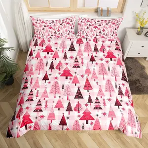 Cartoon Tree Duvet Cover Set,Christmas Theme Bedding Set for Kids Girls Adults,New Year Pink Plaid Comforter Cover Soft Polyester Quilt Cover,No Comforter