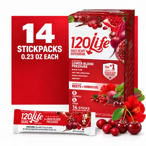 120/Life Blood Pressure Support Drink Mix – 14 Stick Packs with Beetroot, Pomegranate, Cranberry, Tart Cherry & Hibiscus – Sugar-Free, Vegan, Convenient Single-Serve Beverage