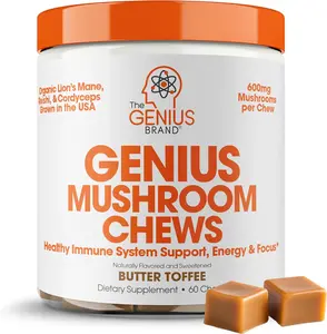 Genius Mushrooms Chews - Butter Toffee, 60 Chews | Organic Lion’s Mane, Reishi & Cordyceps for Focus, Immunity & Natural Energy