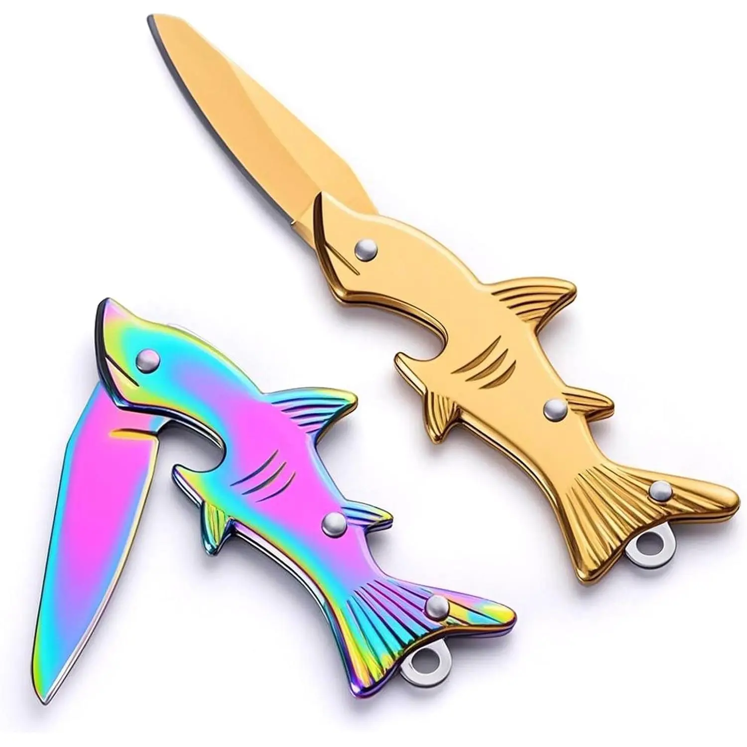2-Pack Fish Shape Keychain Tool, Compact Golden & Colorful Stainless Steel Knives for Men with Box Opener, Keychain Tools, Fish Shapes, 0.67 Ounces