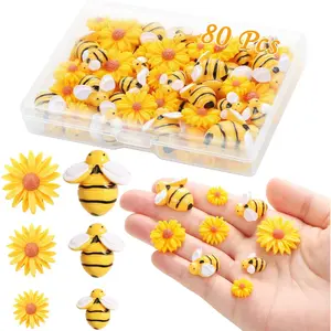 80 Pieces Tiny Resin Bees Daisy Flowers, Flatback Daisy Flowers Bumble Bees Embellishment Bee Decors with Box DIY Wreath Cake Decorations Flowers Bee for Crafts Two Groovy Party Decor