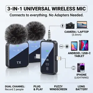 Wireless Lavalier Mic for iPhone Android & Camera, 3-in-1 Universal Wireless Microphone with Clear Audio & Noise Cancelling, Plug & Play Wireless Mic for YouTube TikTok