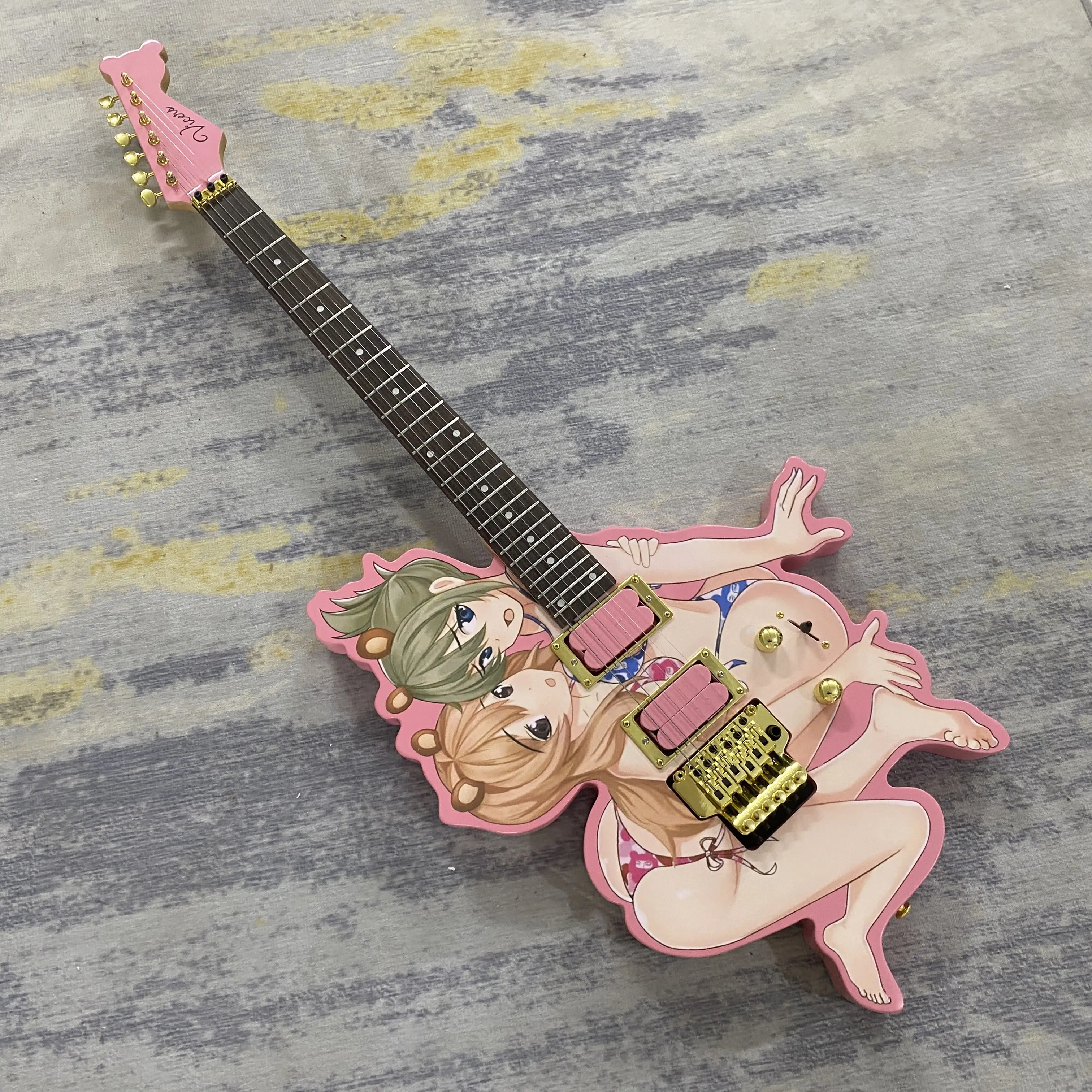 Custom Pink Bikini Twin Girl 4-String Bass Guitar - Solid Basswood Body, Double Shaking Vibrato, Irregular Bat Wing Shape, Sun Pattern Inlay, Elegant and Unique Design, Versatile Music Play, Music Accessory for Gift & Decoration