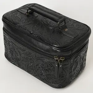 American Darling Western Hand Tooled Leather Jewelry Case | Handcrafted Travel Makeup Bag with Handle and Divided Interior