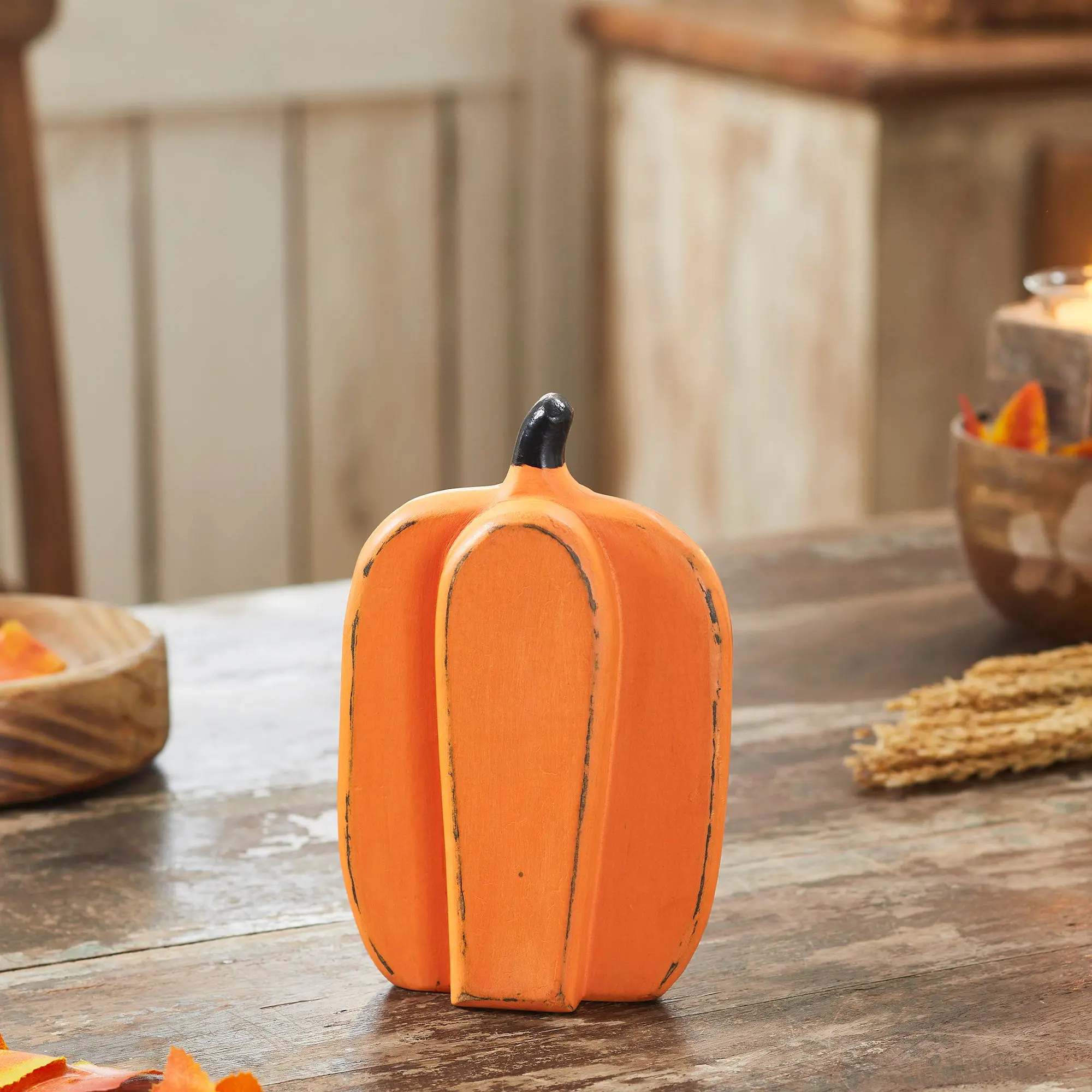 Decorative Halloween Farmhouse Pumpkin Figurine Statues, Tall Orange Wooden 8x5x2 in Room Decor Home Supplies