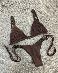 2026 Fashion New Women’s Two-Piece Mini Bikini Set with Pleated Design and Beaded Accents, Sexy Low-Waist Tie Separable Swimsuit Set for Holidays, Casual Beachwear, Parties, and Hot Springs Outfits