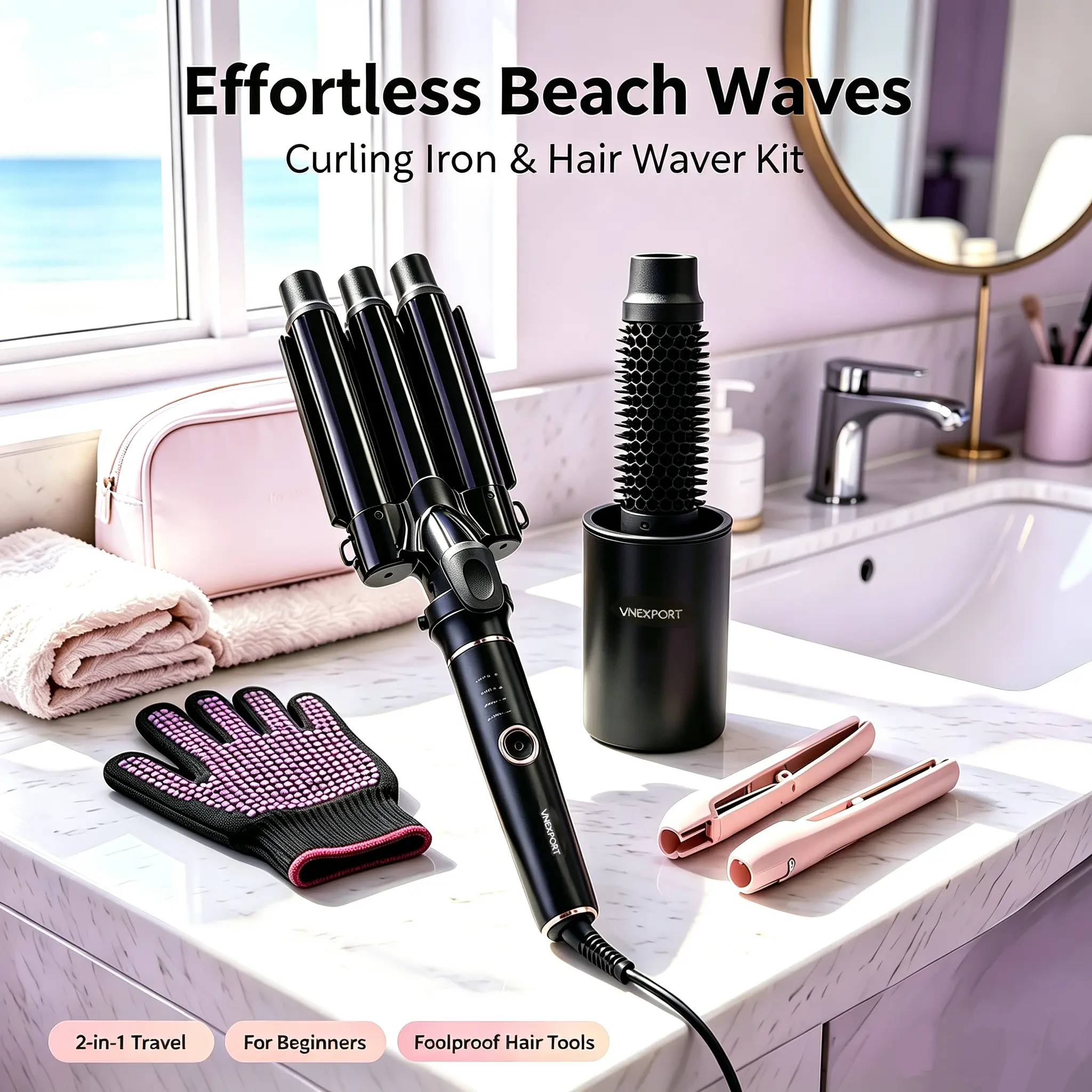 2-in-1 Blowout Brush & Curling Iron Set, Beginner-Friendly Hair Curler for Bombshell Curls, Effortless Hair Styling Salon Tool VNEXPORT SD-691