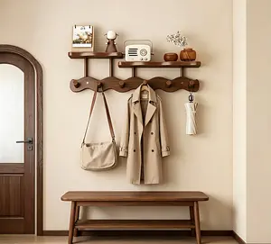 Wooden Wall Mounted Coat Rack with Shelves, Rustic Amber Brown Entryway Coat Hooks with Storage Shelf, Wall Hanging Organizer for Bags, Hats, Towels, Home Entryway, Hallway, Bedroom Decor