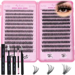 Lash Clusters Kit Eyelash Clusters Individual Lash Extension Kit 480 Pcs D Curl Fluffy Wispy False Eyelashes Extensions Thin Band with Bond Seal Tweezers Brush Removers 30D 40D KIT 9 16mm for Eyelash Extensions