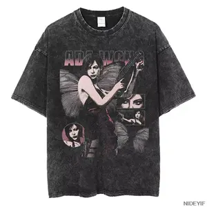 Retro Washed Black Oversized T-Shirt, Resident Evil Ada Wong "Butterfly" Graphic Print, Casual Short Sleeve, Unisex Streetwear for Men & Women, Loose Fit for Outdoor & Daily Wear