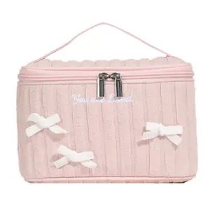 Large Makeup Bag, Cute Cosmetic Bag for Women Girls, Floral Coquette Aesthetic Toiletry Bag, Travel Make Up Organizer Bag (Pink Bow）
